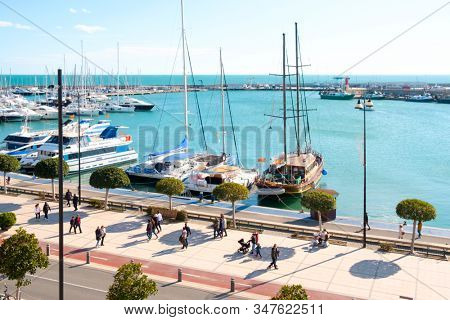 CAMBRILS, SPAIN - JANUARY 26, 2020: Aerial view over the port and the waterfront of Cambrils, in the famous Costa Daurada coast, Spain