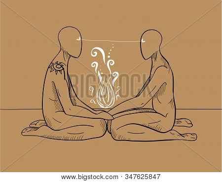 Esoteric And Magic Illustration Of Two Persons In Graphics. Soul And Body Splitting. Figure Black Pe