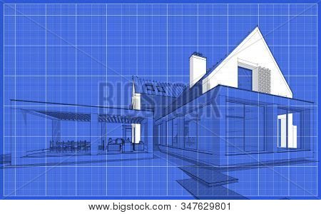 3D Rendering Of Modern Clinker House On The Ponds With Pool Black Line On Blueprint Background