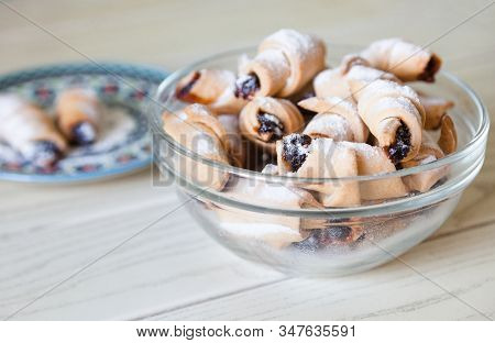 Fresh Sweet Crescent Rolls With Jam. Bakery. Close-up.