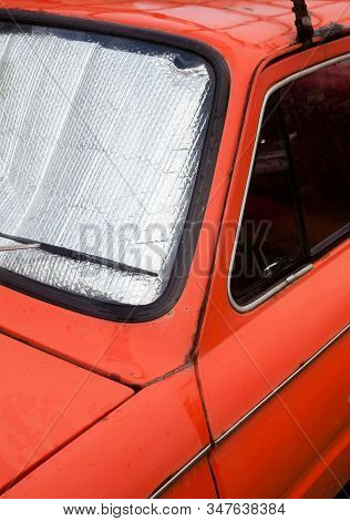 Old Car. Foil Sunshades On The Windshield (windscreen). Car Windshield Sun Shades. Sun Protection. C