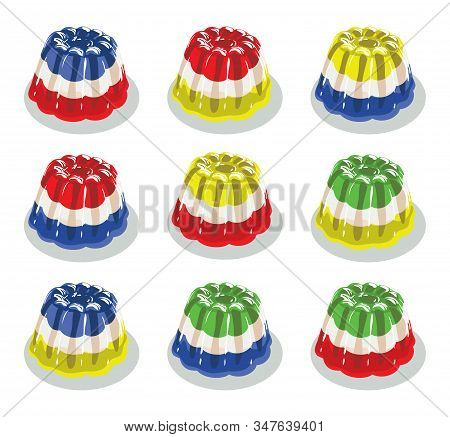 Vector Colorful Gelatin Jelly Or Pudding Assortment Isolated On White Background, Dessert Candy Jell