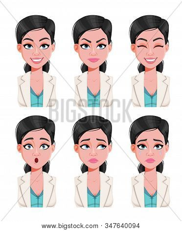 Face Expressions Of Beautiful Doctor Woman. Six Different Female Emotions. Stock Vector Illustration
