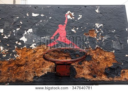 Kyiv, Ukraine -  February 1, 2018: Jumpman Logo By Nike Painted On The Old Black Backboard Of The Ba