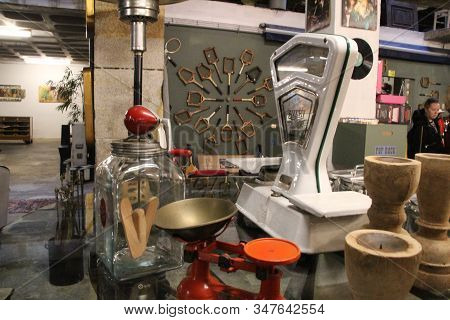 Porto, Portugal- January 3, 2020: Vintage Antiques For Sale In An Old Warehouse Called Armazem In Po