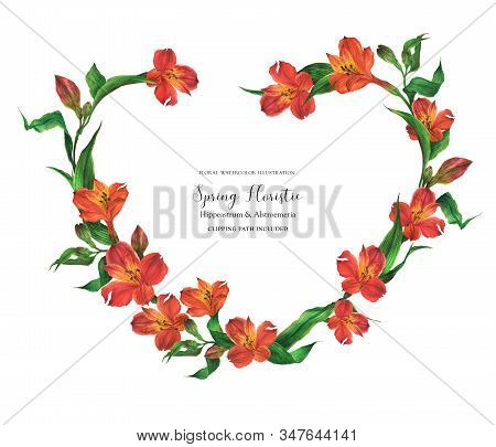 Romantic Heart Shape Wreath With Red Flowers, Realistic Watercolor Illustration With Clipping Path