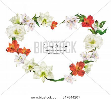 Romantic Bridal Heart Shape Wreath With Red And White Flowers, Realistic Watercolor Illustration Wit