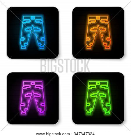 Glowing Neon Camouflage Cargo Pants Icon Isolated On White Background. Black Square Button. Vector I