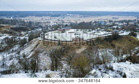 Aerial View Of Medieval Castle Mound In Belarusian City Of Mstislavl. Travel Concept.