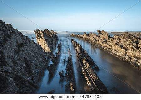 Long Exposure Geopark In Sakoneta On The Coast Of Deba. Basque Country