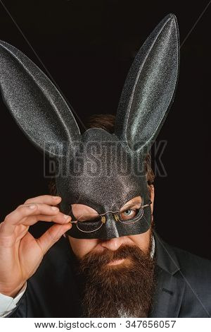 Funny Bearded Man In Carnival Rabbit Mask. Stylish Man. Handsome Man With Beard In Playboy Mask. Pla