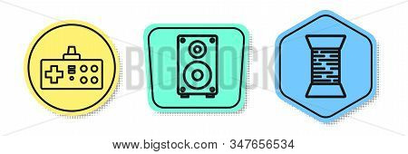 Set Line Gamepad, Stereo Speaker And Sewing Thread On Spool. Colored Shapes. Vector