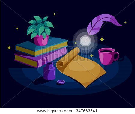 Magic Workspace With A Scroll, Shining Plume, Cup, Book And A Little Plant In Pot. A Magic Quill Pen