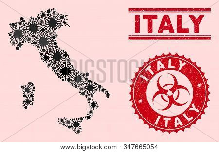 Coronavirus Collage Italy Map And Red Distressed Stamp Seals With Biohazard Sign. Italy Map Collage 