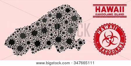 Coronavirus Collage Kahoolawe Island Map And Red Rubber Stamp Seals With Biohazard Symbol. Kahoolawe