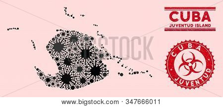 Coronavirus Collage Juventud Island Map And Red Grunge Stamp Watermarks With Biohazard Sign. Juventu