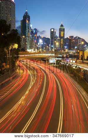 Night Traffic And Skyline Of Hong Kong City At Dusk