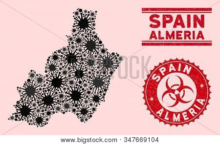 Coronavirus Collage Almeria Province Map And Red Grunge Stamp Seals With Biohazard Sign. Almeria Pro