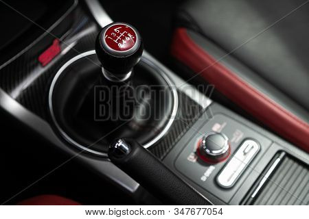 Novosibirsk, Russia - January 20, 2020:  Subaru Impreza Wrx Sti  , Close Up Of The Manual Gearbox Tr