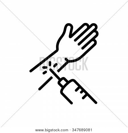 Black Line Icon For Painlessly Treatment Medical Vaccination Hand Syringe Injection Needle