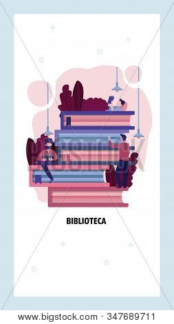People Read Books In Library. Education And Study Process. Books Staked Up. Vector Web Site Design T
