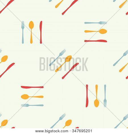 Cutlery Icon Seamless Pattern. Fork, Knife, Spoon Silhouettes And Contours. Texture For Menu. Vector