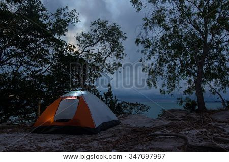 Camp Tent At Night View With Beautiful Nature & Forest In Gedung Ubat,tanjung Kubong Located At The 