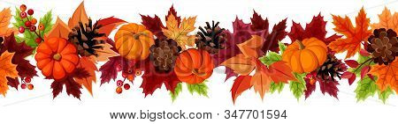 Vector Horizontal Seamless Background With Orange Pumpkins, Pinecones And Colorful Autumn Leaves.