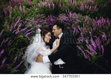 Couple At Sunset In A Wedding Dress Lie On The Grass With Lipin Flowers,festive Spring Wedding Photo