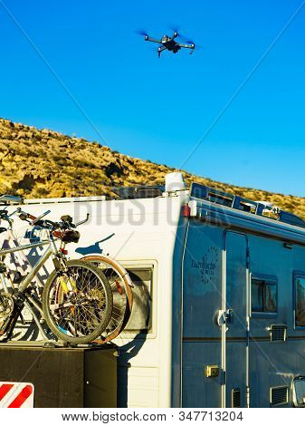 Percheles Beach, Spain - March 16, 2019: Camper With Bicycles Equipment And Dji Drone Mavic Pro Plat