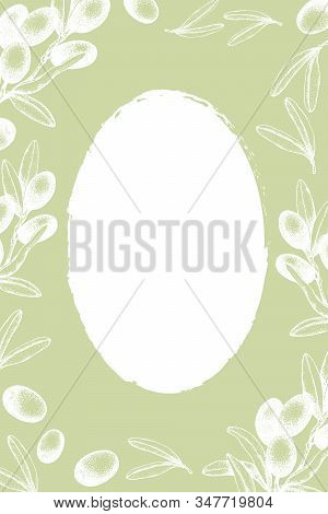 Branch Of Olives, Leaves And Berries Of An Olive Tree On A Green Background. Graphic Sketch, Vector 