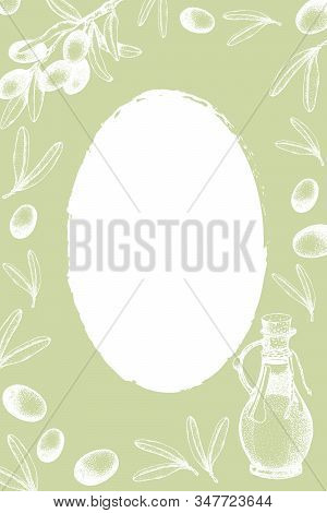 Branch Of Olives, Leaves And Berries Of An Olive Tree On A Green Background. Graphic Sketch, Vector 