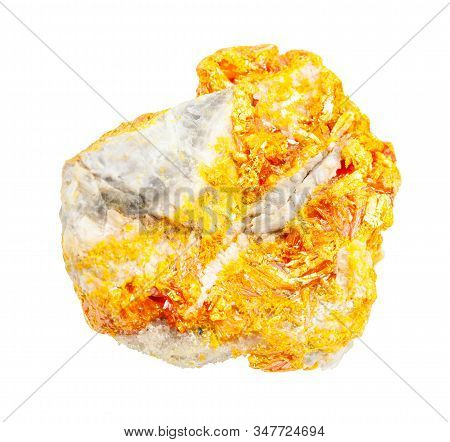 Closeup Of Sample Of Natural Mineral From Geological Collection - Orpiment Crystals On Rock Isolated