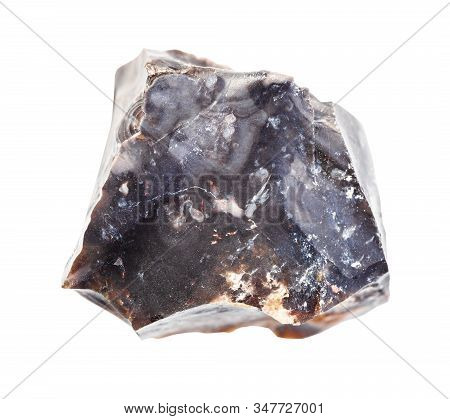 Closeup Of Sample Of Natural Mineral From Geological Collection - Raw Black Flint Stone Isolated On 
