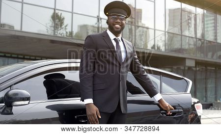 Vip Passenger Taxi Driver Politely Opening Car Door For His Client, Best Service