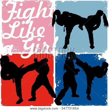Karate Girls Professionally Strike Each Other On A Colored Background And The Inscription  Fight Lik