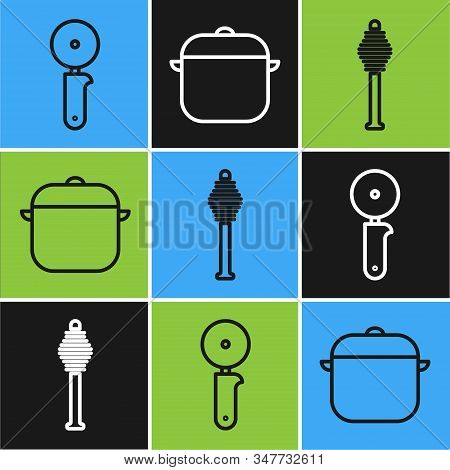 Set Line Pizza Knife, Honey Dipper Stick And Cooking Pot Icon. Vector