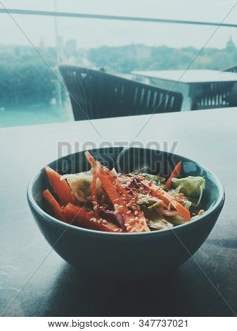 Vegetarian Asian Vegetable Salad Served In A Bowl In Japanese Restaurant, Healthy Diet Food