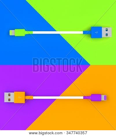 pair of usb cables render 3d image, diagonal split bicolor background, nobody around. flat lay style.Concept of connection and technology.