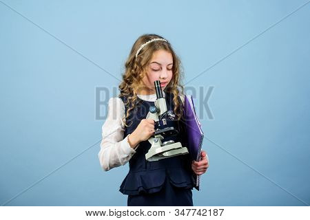 Science Research In Lab. Small Genius Girl With Microscope. Education And Knowledge. Small Girl Scie