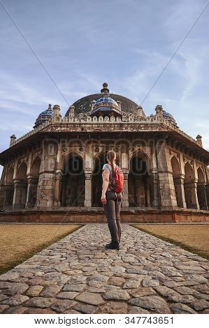 Tourist Woman Is Walking To Isa Khans Tomb In Humayuns Tomb Complex, New Delhi, India.