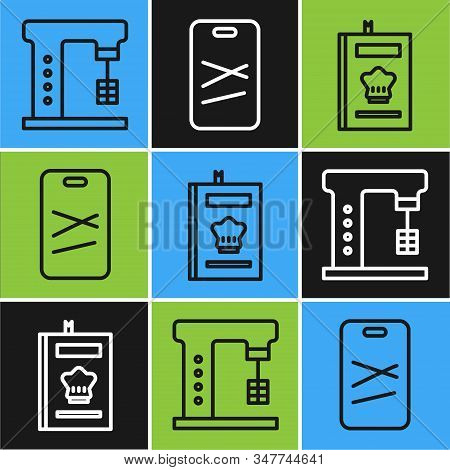 Set Line Electric Mixer, Cookbook And Cutting Board Icon. Vector