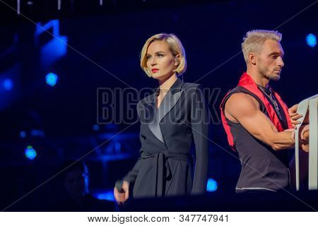 Moscow, Russia - April 23, 2018: Famous Russian singer Polina Gagarina sings in front of participants in the business forum