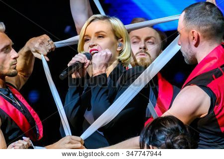 Moscow, Russia - April 23, 2018: Famous Russian singer Polina Gagarina sings in front of participants in the business forum
