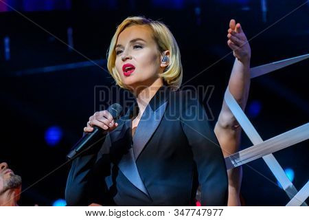 Moscow, Russia - April 23, 2018: Famous Russian singer Polina Gagarina sings in front of participants in the business forum
