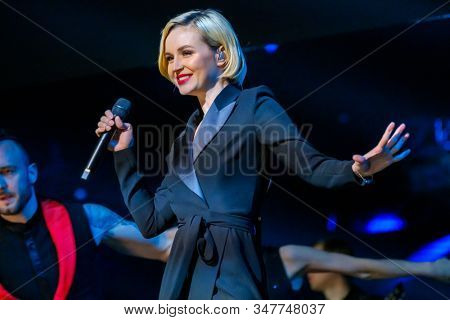 Moscow, Russia - April 23, 2018: Famous Russian singer Polina Gagarina sings in front of participants in the business forum