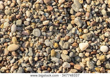 Colorful Small Pebble And Stone For Background Texture. Stones Background.