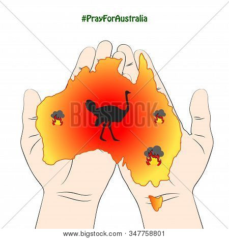 Hands Folded In Prayer, Hold A Map Of Australia In Wildfires And With A Silhouette Of Straus.