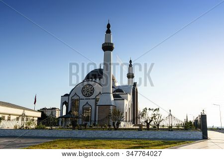 Turkey, Hatay - August 24, 2019: Nihal Atakas Mosque In Iskenderun Embankment In Summer Sunset