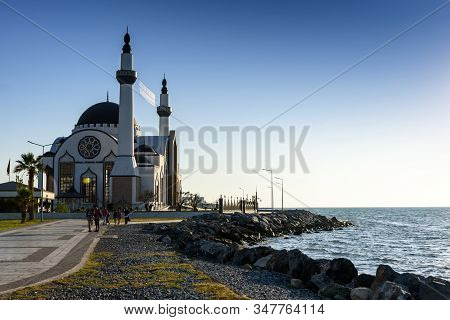 Turkey, Hatay - August 24, 2019: Nihal Atakas Mosque In Iskenderun Embankment In Summer Sunset